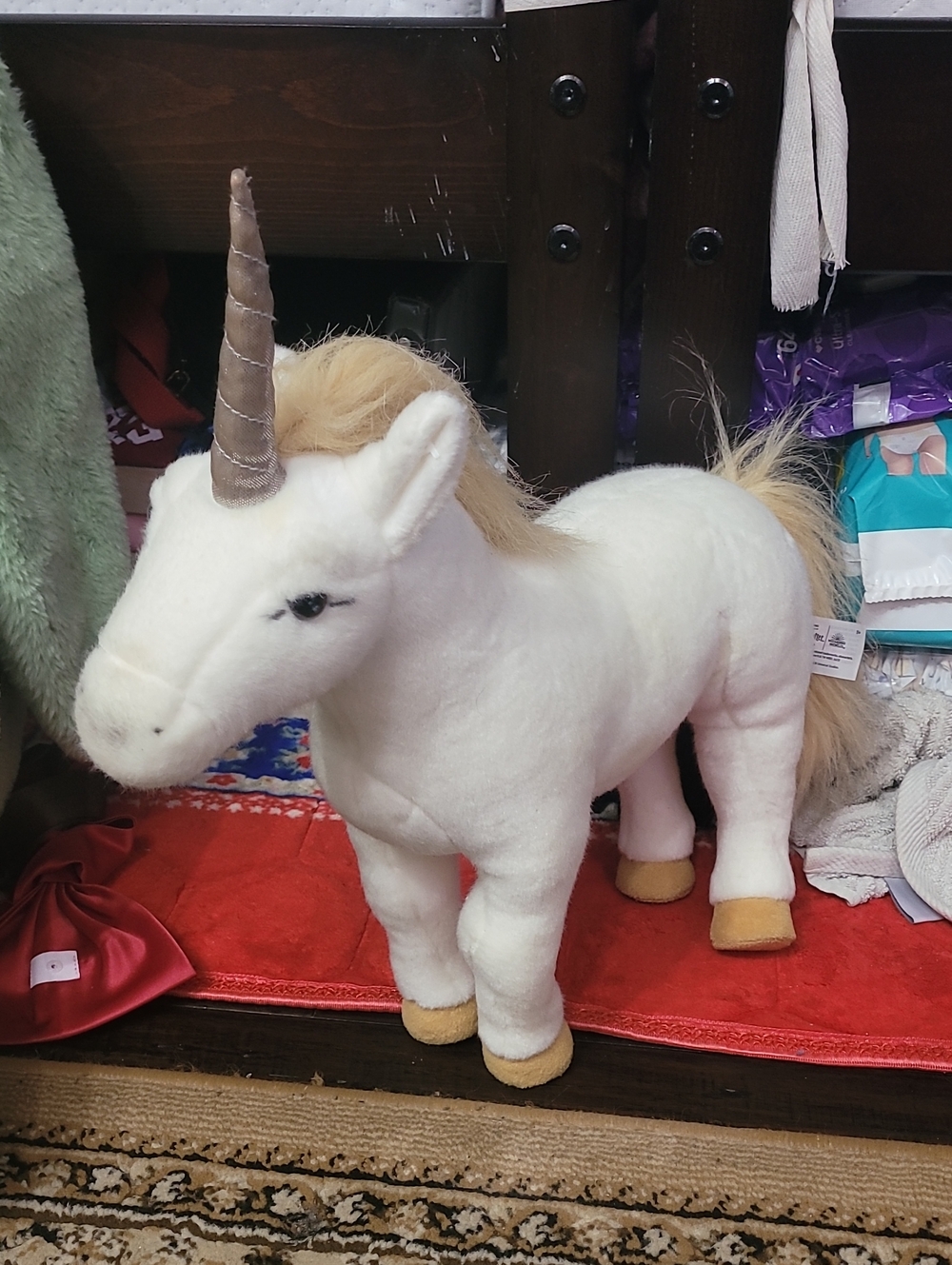 adidas White Unicorn Plush with Gold Horn and Beige Mane